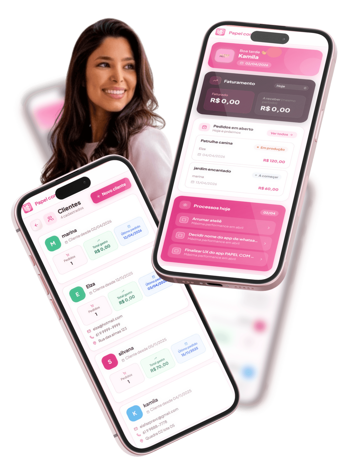 App Papel com Valor — Dashboard e Clientes no iPhone